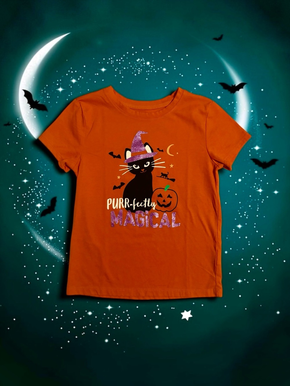 Wonder Nation “Purr‑fectly Magical” Halloween Cat Tee Orange Girls M (7‑8) EUC
